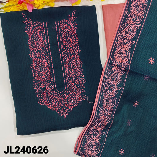 CODE JL240626 : Dark blue printed fancy silk unstitched salwar material, embroidered on yoke(lining needed)light onion pink silky bottom, embroidered kota dupatta with borders.