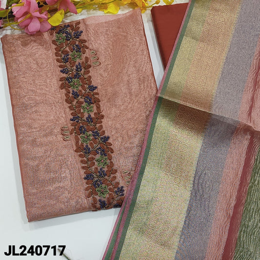 CODE JL240717 : Pastel peach with golden tint tissue silk cotton unstitched salwar material, bead & thread work on yoke(thin, lining needed)Maroon silk cotton bottom, multi color crinkled tissue silk cotton dupatta with zari woven borders & tassels.