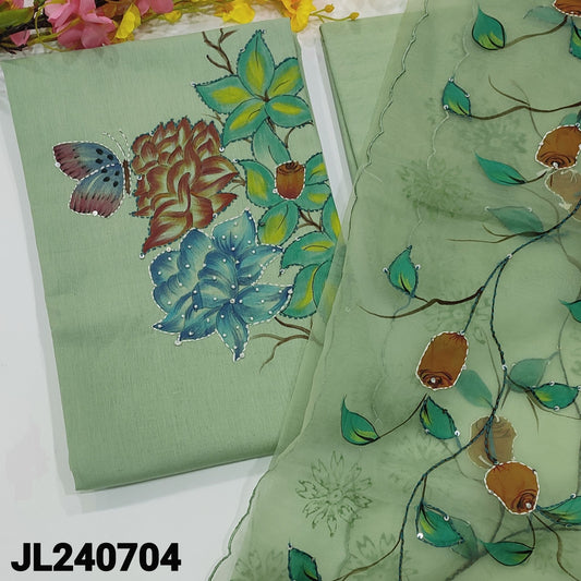 CODE JL240704 : Pastel green premium cotton unstisched salwar material, hand brush painted with bead& kantha stitch work on front(lining needed)matching lining provided, NO BOTTOM, pure organza dupatta with brush paint& cut work edges.