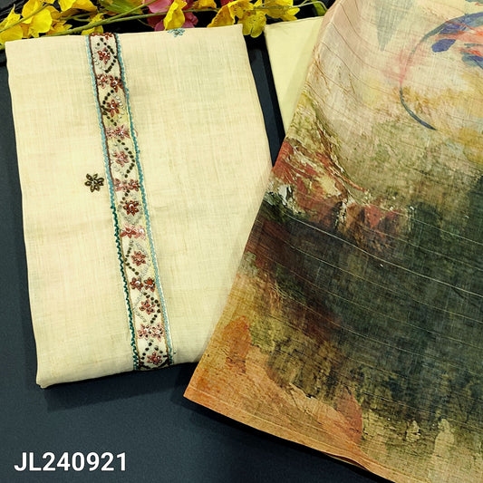 CODE JL240921 : Pastel yellow with green tint digital printed pure linen unstitched salwar material,embroidered,bead&sequins work on yoke(lining needed)matching fabric provided for lining, NO BOTTOM, abstract printed pure linen dupatta with zari lines.