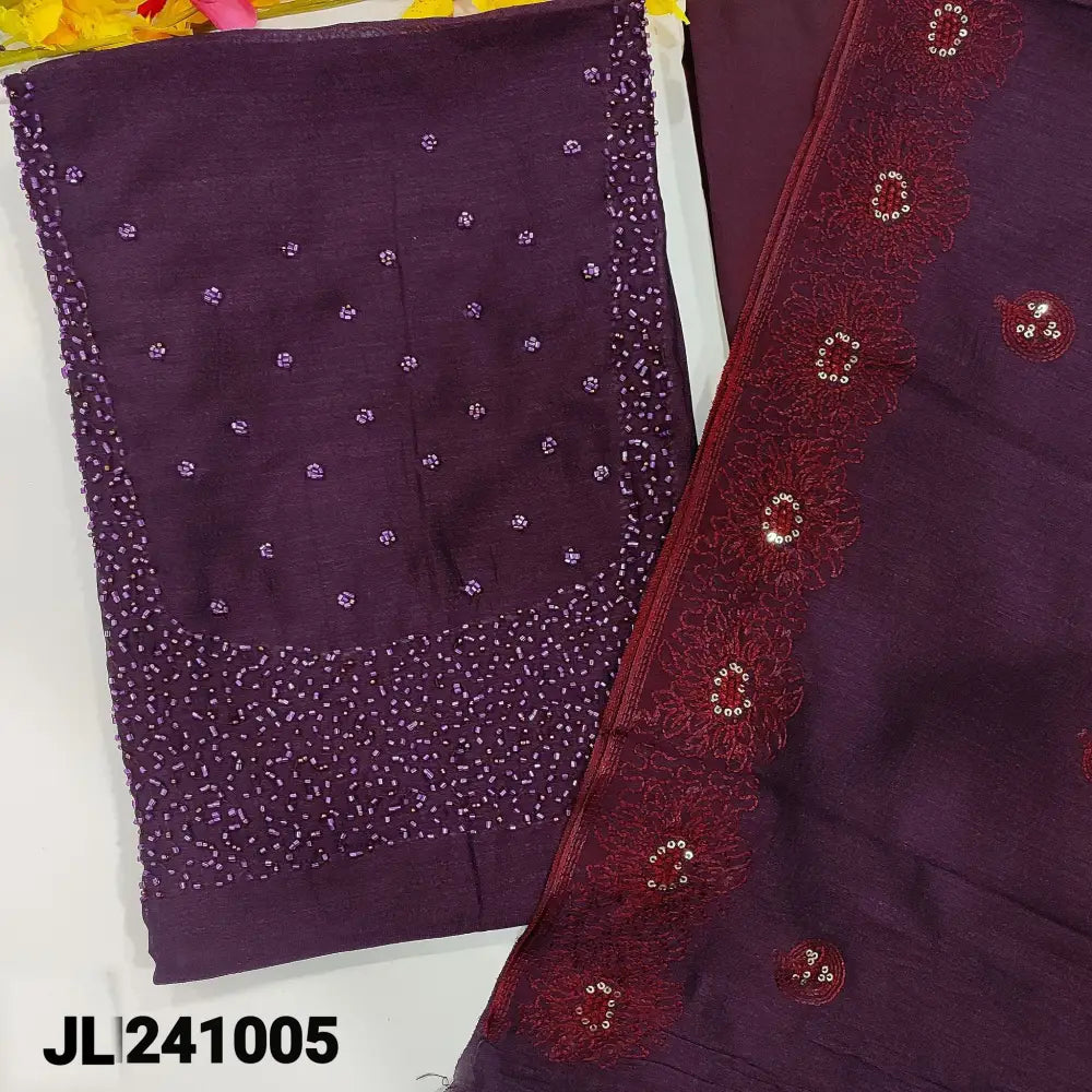 CODE JL241005: Deep wine purple fancy silk unstitched salwar material heavy bead work on yoke(thin fabric lining