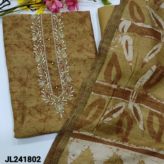 CODE JL241802 : Brownish beige designer semi tussar tissue silk unstitched salwar material, hand work on yoke, batik design all over(thin fabric, lining needed)matching santoon bottom, leafy printed semi tussar tissue silk dupatta.