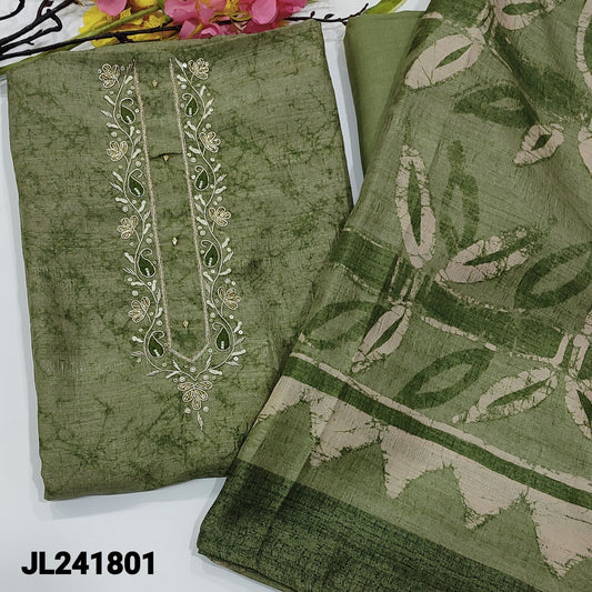 CODE JL241801 : Pastel green designer semi tussar tissue silk unstitched salwar material, hand work on yoke, batik design all over(thin fabric, lining needed)matching santoon bottom, leafy printed semi tussar tissue silk dupatta.