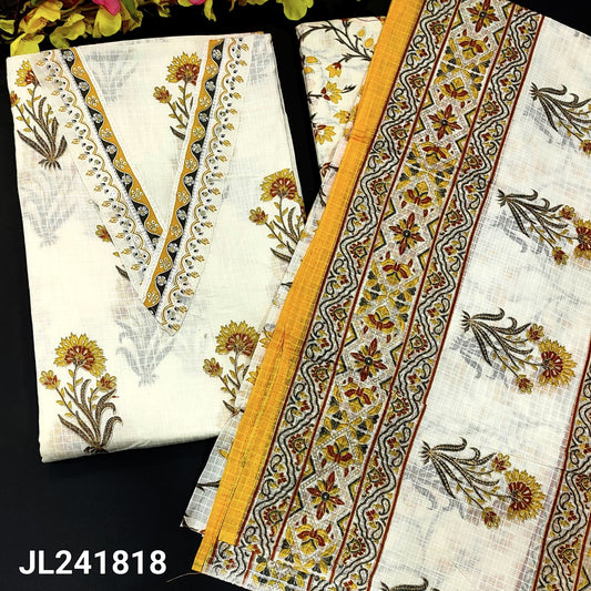 CODE JL241818 : Half white base yellow floral printed pure soft kota cotton unstitched alwar material, v neck sequins work, self checked pattern all over(thin fabric, lining needed)printed cotton bottom, printed soft kota cotton dupatta.