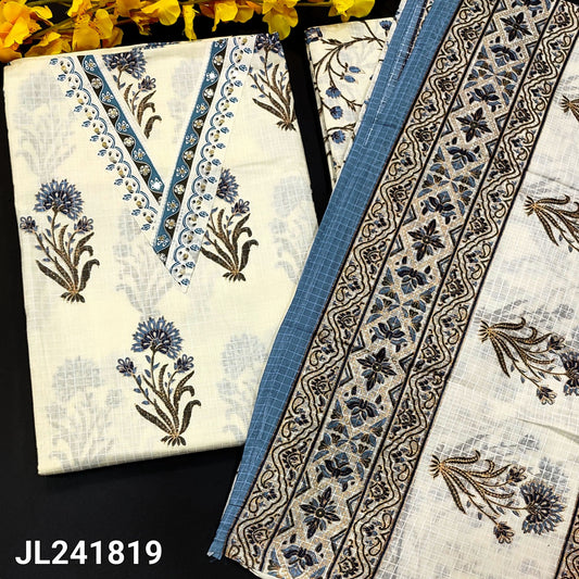 CODE JL241819 : Half white base blue floral printed pure soft kota cotton unstitched alwar material, v neck sequins work, self checked pattern all over(thin fabric, lining needed)printed cotton bottom, printed soft kota cotton dupatta.