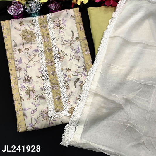 CODE JL141928 : Half white premium mul cotton unstitched salwar material, panel pattern with lace work(lining needed)heavy embroidered daman, beige drum dyed pure soft cotton bottom, pure chiffon dupatta with fancy lace tapings.