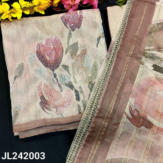 CODE JL242003 : Pale pink kota organza unstitched salwar material, sequins work on front(thin fabric, lining needed)matching santoon bottom, printed fancy organza dupatta with zari lines& fancy lace tapings.