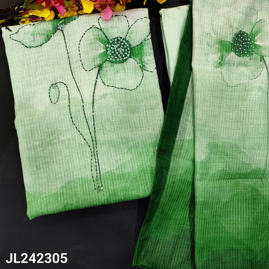 CODE JL242305 : Pastel green& dark green designer premium linen unstitched salwar material, embroidered, kantha stitch& sequins work on front(thin fabric, lining needed)matching spun cotton bottom, floral printed linen dupatta with French knot work.