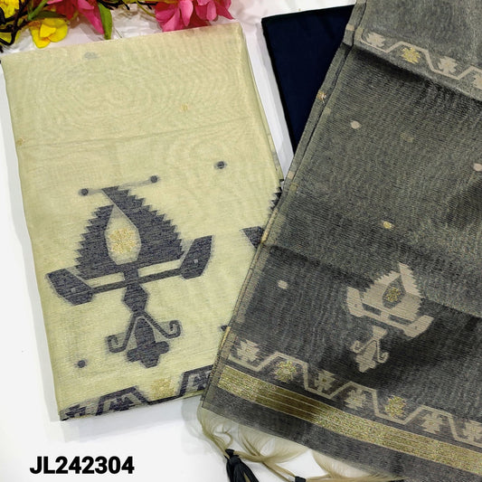 CODE JL242304 : Beige with golden tint designer tissue silk cotton unstitched salwar material, thread woven& zari buttas on front(thin fabric, lining needed)dark blue silk cotton bottom, tissue silk cotton dupatta with tassels.