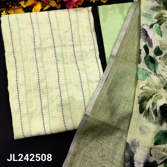 CODE JL242508 : Sea green kantha stitch slub cotton unstitched salwar material(lining needed)matching cotton bottom, floral lprinted semi linen dupatta with silver zari borders.