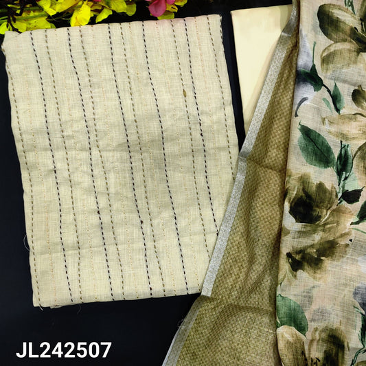 CODE JL242507 : Rich light beige kantha stitch slub cotton unstitched salwar material(lining needed)matching cotton bottom, floral lprinted semi linen dupatta with silver zari borders.