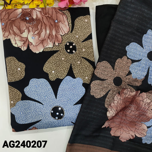 CODE AG240207 : Black floral printed satin cotton unstitched salwar material, zari& faux mirror work on front(lining optional)matching spun cotton bottom, floral printed soft mixed cotton dupatta.