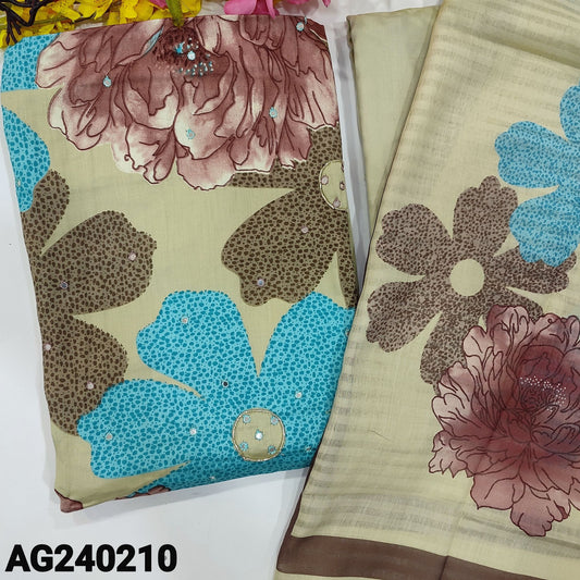 CODE AG240210 : Beige base floral printed satin cotton unstitched salwar material, zari& faux mirror work on front(lining optional)matching spun cotton bottom, floral printed soft mixed cotton dupatta.