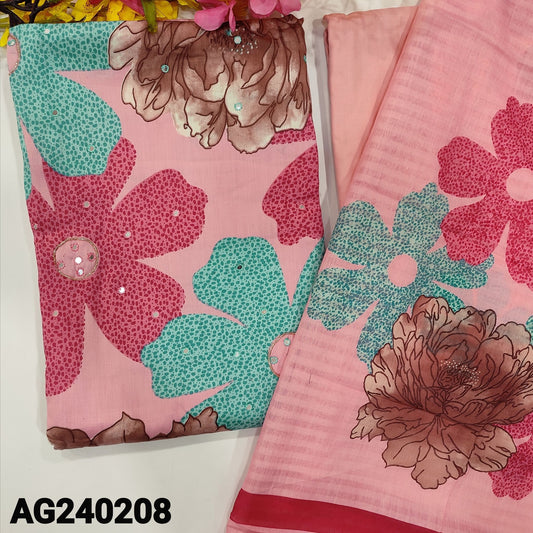 CODE AG240208 : Pink floral printed satin cotton unstitched salwar material, zari& faux mirror work on front(lining optional)matching spun cotton bottom, floral printed soft mixed cotton dupatta.