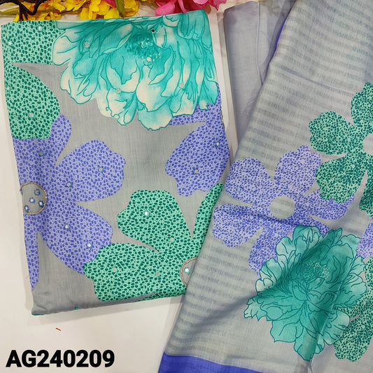 CODE AG240209 : Light grey floral printed satin cotton unstitched salwar material, zari& faux mirror work on front(lining optional)matching spun cotton bottom, floral printed soft mixed cotton dupatta.