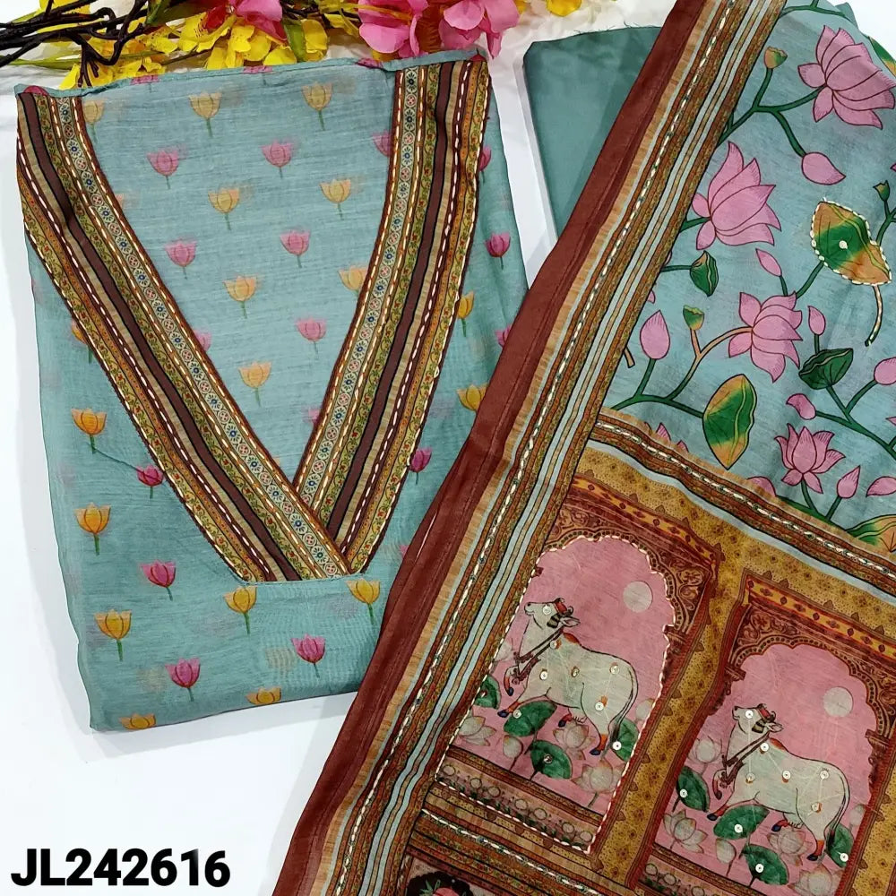 CODE JL242616: Pastel blue digital printed silk cotton unstitched salwar material v neck with Katha stitch(lining