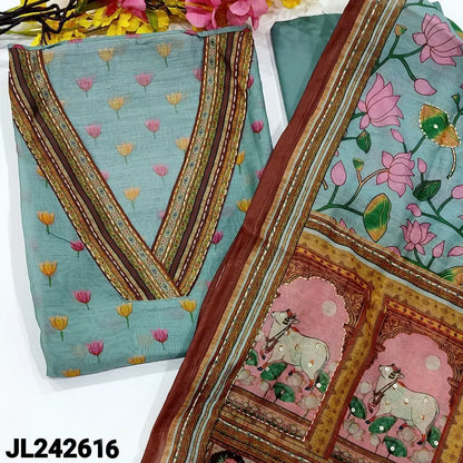 CODE JL242616: Pastel blue digital printed silk cotton unstitched salwar material v neck with Katha stitch(lining