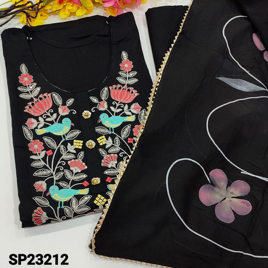 CODE SP23212 : Black Liquid fabric unstitched Salwar material(Soft Flowy, thin fabric, lining needed) round neck, embroidery and fancy buttons on yoke, Matching Liquid fabric Bottom, brush paint on soft silk cotton dupatta.