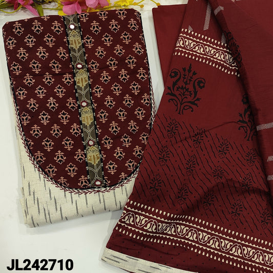 CODE JL242710 : Half white pure ikat woven cotton unstitched salwar material, ajrak block printed& real mirror work on yoke(lining optional)Maroon cotton bottom, block printed pure cotton dupatta.