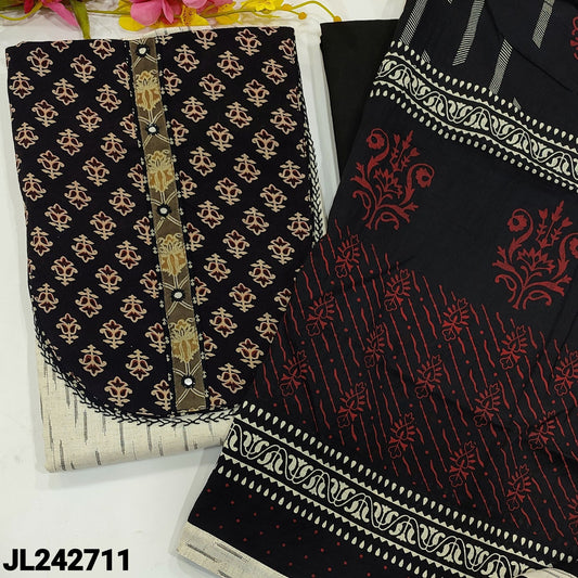 CODE JL242711 : Half white pure ikat woven cotton unstitched salwar material, ajrak block printed& real mirror work on yoke(lining optional)black cotton bottom, block printed pure cotton dupatta.