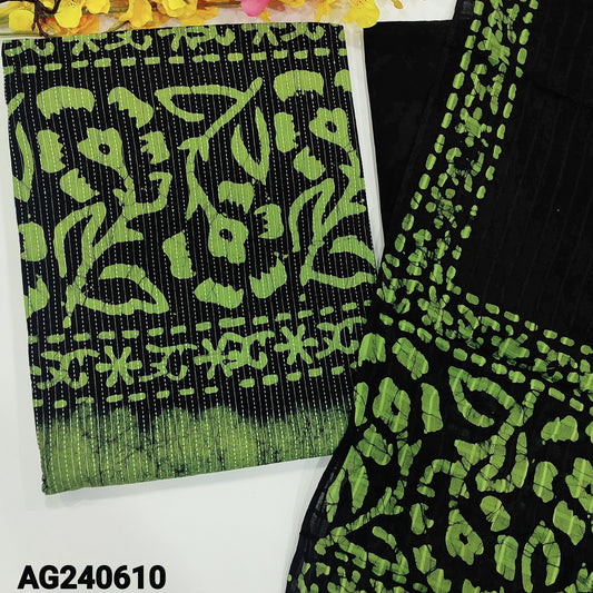 CODE AG240610 : Light green original wax batik pure kantha cotton unstitched salwar material(lining optional)black batik dyed pure cotton bottom, batik dyed pure cotton dupatta(REQUIRES TAPINGS).