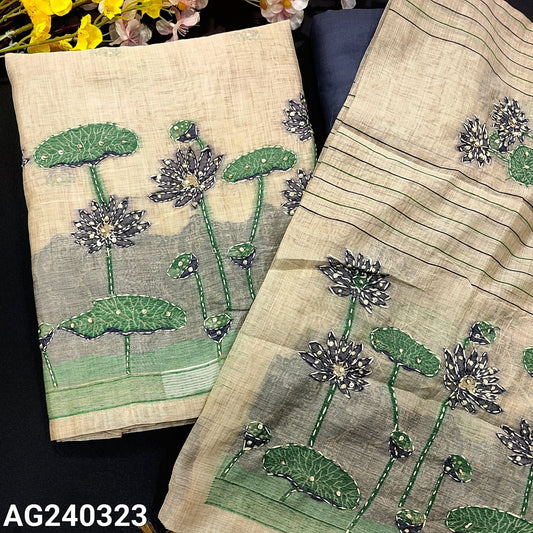 CODE AG240323 : Beige silk cotton unstitched salwar material, rich thread woven, kantha stitch, French knot& sequins work on front(thin fabric, lining needed)bluish grey santoon bottom, silk cotton dupatta with rich hand work &tassels.