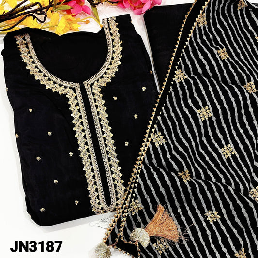 CODE JN3187: Designer Black pure Masleen Silk semi-stitched salwar material ( requires lining) zardozi and sequence work on yoke, matching santoon bottom, lehriya printed and sequence work on masleen silk dupatta with gota lace tapings.