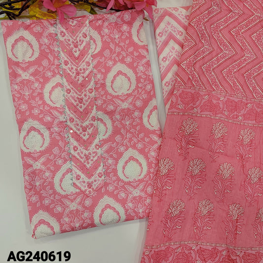 CODE AG240619 : Pink printed pure cotton unstitched salwar material, bead, sequins &lace work on yoke(thin fabric, lining needed)zigzag printed cotton bottom, pure crinkled cotton dupatta with kota lace tapings.