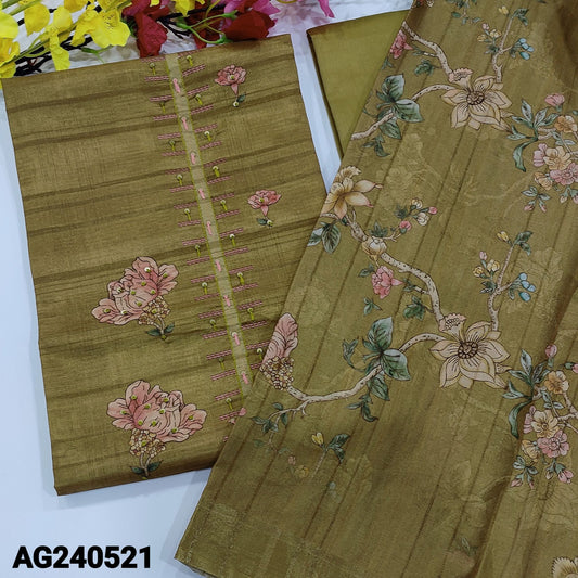 CODE AG240521 : Mehandhi green floral printed semi tussar unstitched salwar material, thread& sequins work on yoke, self woven design all over(lining needed)matching silky bottom, floral printed semi tussar full length dupatta with tassels.