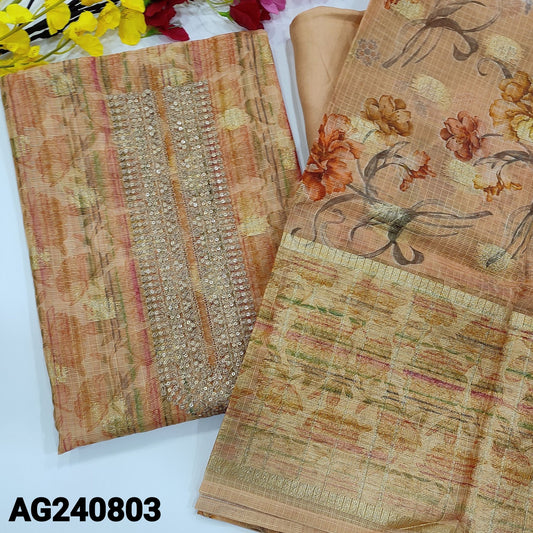 CODE AG240803 : Pastel peach designer floral printed premium kota fabric unstitched salwar material, zari &sequins work on yoke, zari woven buttas all over(lining needed)matchings silk cotton bottom, floral printed kota dupatta with zari woven borders.