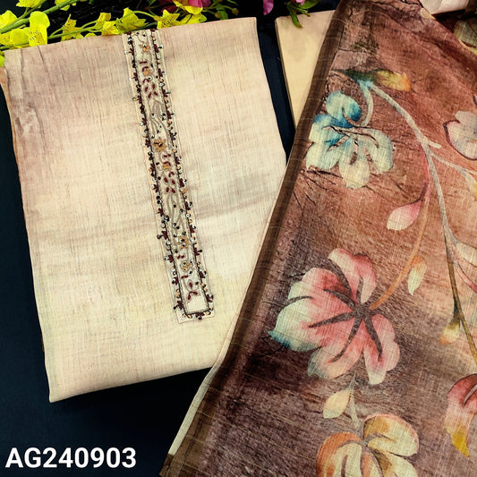 CODE AG240903 : Pastel peach digital printed premium linen unstitched salwar material,embroidered& sequins work on yoke(lining needed)matching drum dyed pure cotton provided for lining,NO BOTTOM,floral printed premium linen dupatta with thin zari lines.