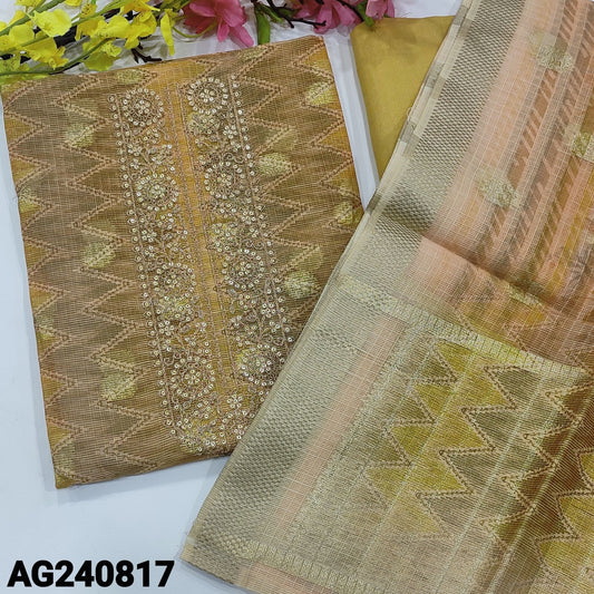 CODE AG240817 : Golden beige zigzag printed premium kota unstitched salwar material, zari & sequins work on yoke, zari woven buttas on front(thin fabric, lining needed)matching silk cotton bottom, premium kota dupatta with zari buttas& gold tissue pallu.