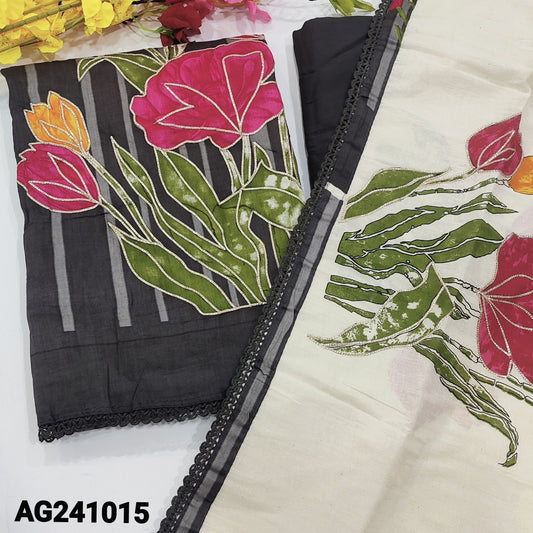 CODE AG241015 : Black vertical printed satin cotton unstitched salwar material(lining optional) bright floral print with zari work on daman, matching spun cotton bottom, pure cotton dupatta with floral print, zari work& lace tapings.