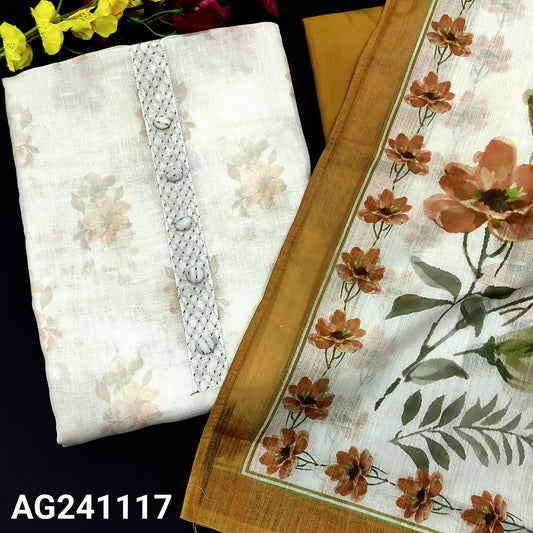 CODE AG241117 : Half white semi linen sobar floral printed unstitched salwar material, stitch work& fancy buttons on yoke(thin, lining needed)bright floral printed on daman, mehandhi yellow silky bottom, floral printed semi linen dupatta with borders.