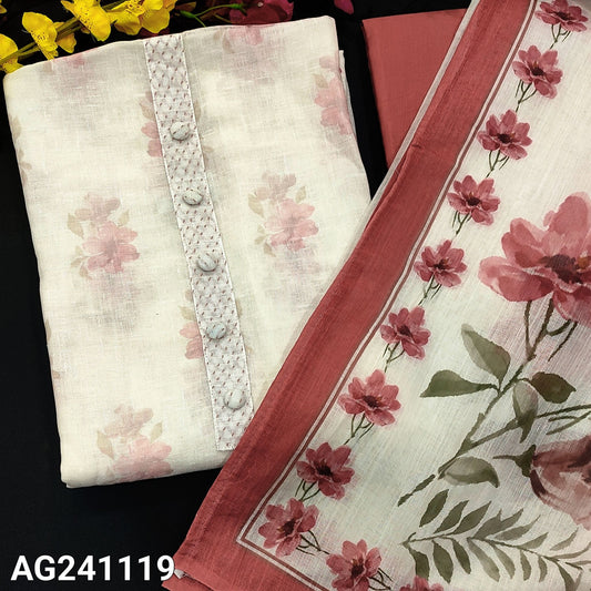 CODE AG241119 : Half white semi linen sobar floral printed unstitched salwar material, stitch work& fancy buttons on yoke(thin, lining needed)bright floral printed on daman, light peachish pink silky bottom, floral printed semi linen dupatta with borders.