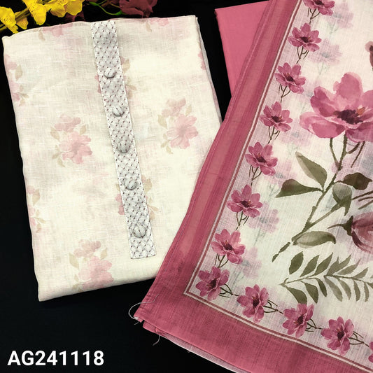 CODE AG241118 : Half white semi linen sobar floral printed unstitched salwar material, stitch work& fancy buttons on yoke(thin fabric, lining needed)bright floral printed on daman, pink silky bottom, floral printed semi linen dupatta with borders.