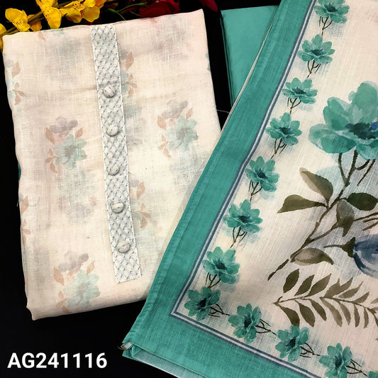 CODE AG241116 : Half white semi linen sobar floral printed unstitched salwar material, stitch work& fancy buttons on yoke(thin, lining needed)bright floral printed on daman, pastel blue silky bottom, floral printed semi linen dupatta with borders.