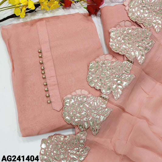 CODE AG241404 : Pastel pink designer pure organza  unstitched salwar material, potli buttons on yoke(lining needed)rich leather cut work on daman, matching santoon bottom, short width pure organza dupatta with rich leather cut work.