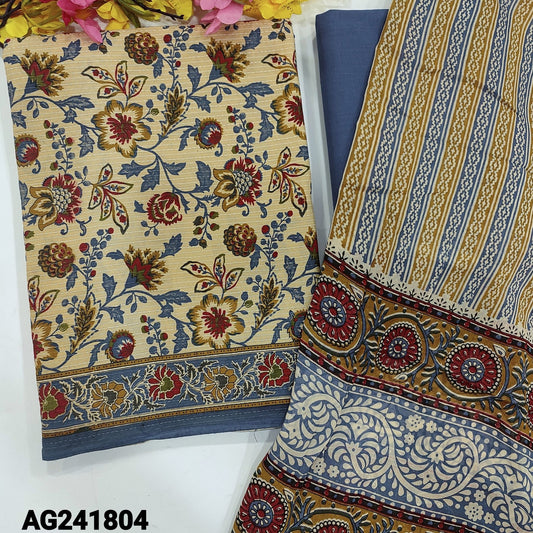 CODE AG241804 : Beige base floral printed pure soft kantha cotton(lining needed)blue cotton bottom, printed cotton dupatta(REQUIRES TAPINGS).