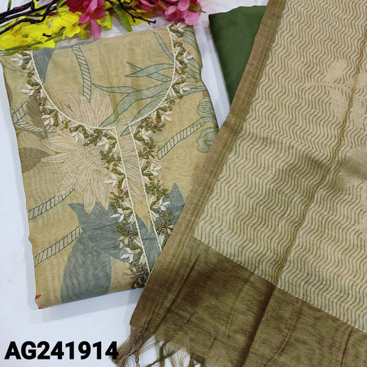 CODE AG241914 : Light beige designer floral printed premium silk cotton unstitched salwar material, hand embroidered on yoke(lining needed)green santoon bottom, printed premium silk cotton dupatta with tassels.