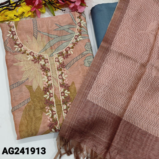 CODE AG241913 : Pastel pink designer floral printed premium silk cotton unstitched salwar material, hand embroidered on yoke(lining needed)bluish grey santoon bottom, printed premium silk cotton dupatta with tassels.