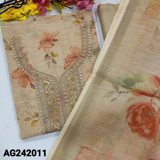 CODE AG242011 : Beige with golden tint floral printed designer tissue silk cotton unstitched salwar material, zari& sequins work on yoke(lining needed)matching santoon bottom, floral printed soft tissue silk cotton dupatta with gold tissue borders.