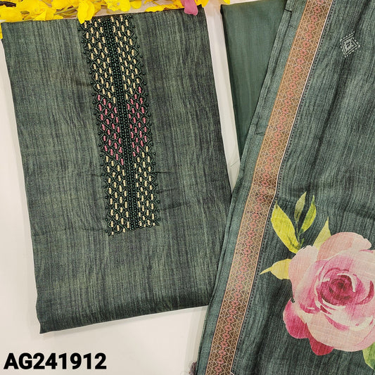 CODE AG241912 : Greyish green digital printed semi tussar textured silk cotton unstitched salwar material, bead work on yoke(lining needed)silky bottom, digital printed semi tussar dupatta with zari woven borders.