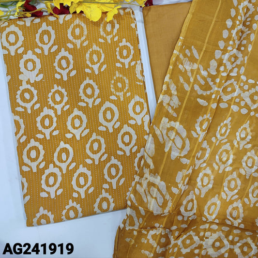 CODE AG241919 : Mehandhi yellow original wax batik pure kantha cotton unstitched salwar material(lining optional)matching thin cotton bottom, original wax batik pure cotton full length dupatta.