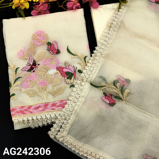 CODE AG242306 : Half white fancy super net unstitched salwar material, embroidered on yoke(netted fabric, lining needed)butterfly embroidered on daman, matching silky bottom, embroidered fancy super net dupatta with lace tapings.