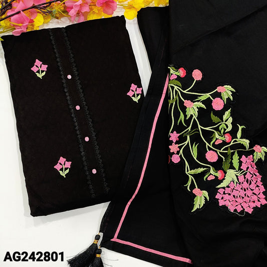 CODE AG242801 : Black premium jakard cotton unstitched salwar material, fancy buttons& lace work on yoke, embroidered all over(lining optional)lace work on daman, matching spun cotton bottom, embroidered pure cotton dupatta with piping.