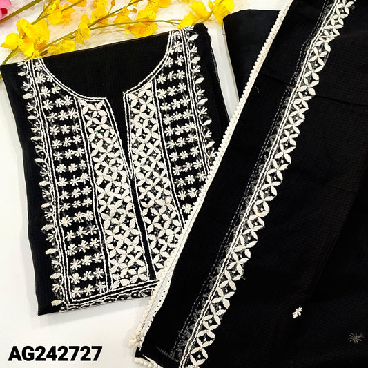 CODE AG242727 : Black premium kota unstitched salwar material, hand embroidered with panel pattern on front(netted fabric, lining needed)matching santoon bottom, embroidered premium kota dupatta with pompom tapings.