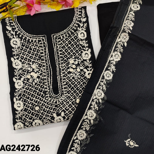 CODE AG242726 : Black premium kota unstitched salwar material, hand embroidered with panel pattern on front(netted fabric, lining needed)matching santoon bottom, embroidered premium kota dupatta with pompom tapings.