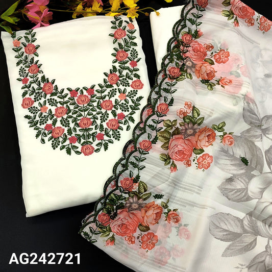 CODE AG242721 : Half white semi georgette unstitched salwar material, embroidered on yoke(lining needed)matching silky fabric provided for both bottom& lining, floral printed georgette dupatta with embroidered& cut work edges.