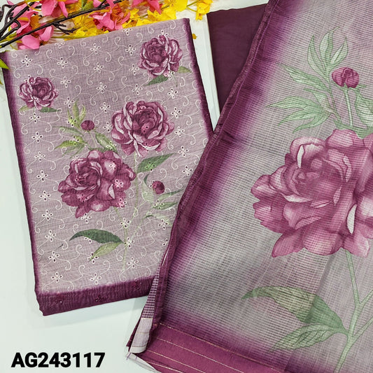 CODE AG243117 : Dark beetroot purple schiffli embroidered digital printed silk cotton unstitched salwar material(thin fabric, lining needed)matching silky bottom, digital floral printed silk cotton dupatta with zari line borders.